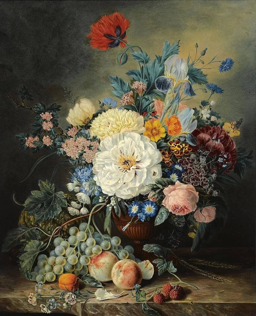 Natura morta con fiori e frutta